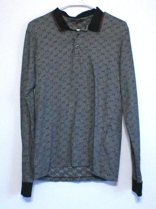 Gucci Other - Gucci GG Monogram Long Sleeve Polo Shirt Gray Black Trim Italy Men’s Medium